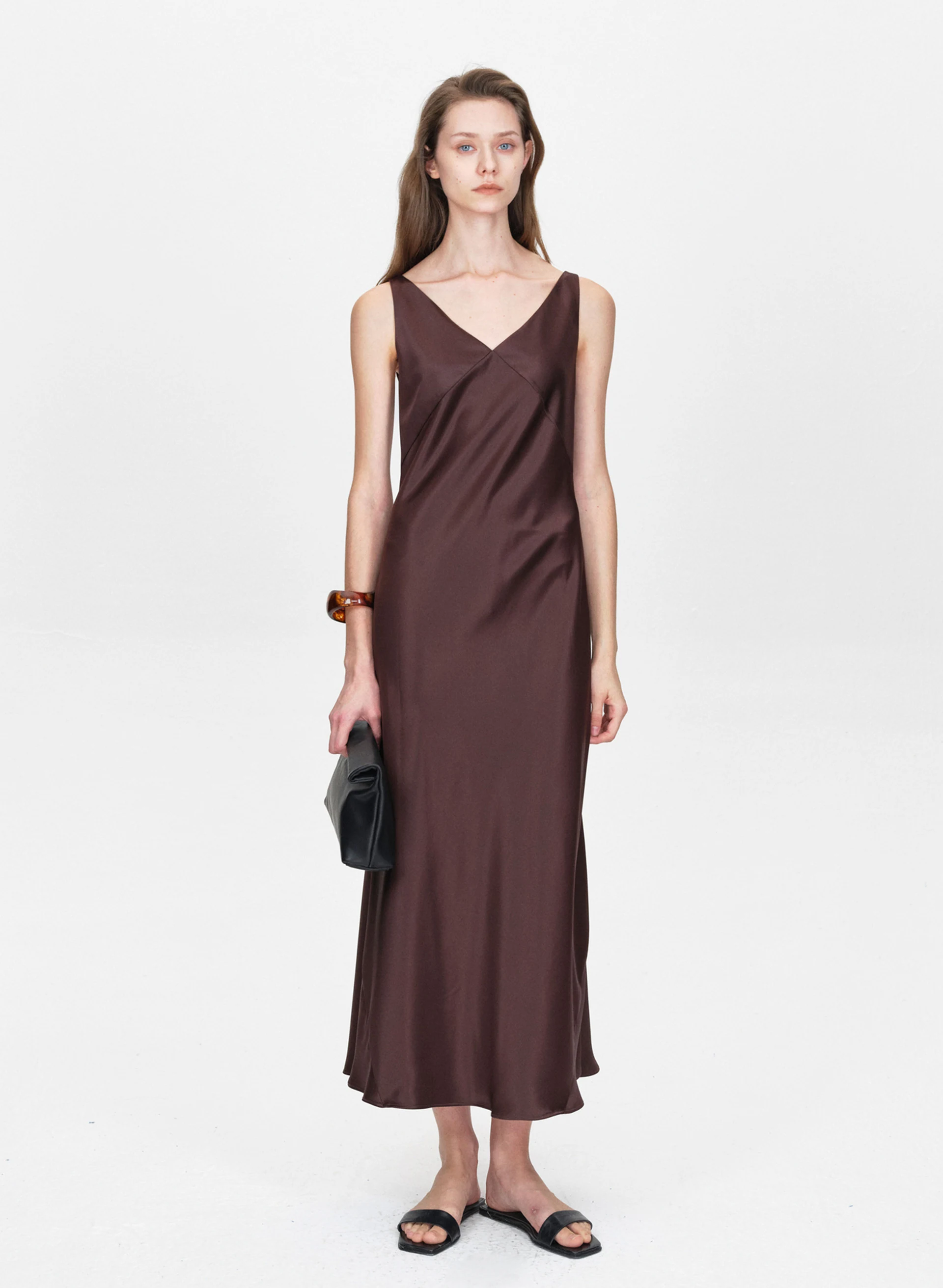 Acetate V-Neck Midi Dress in Brown
