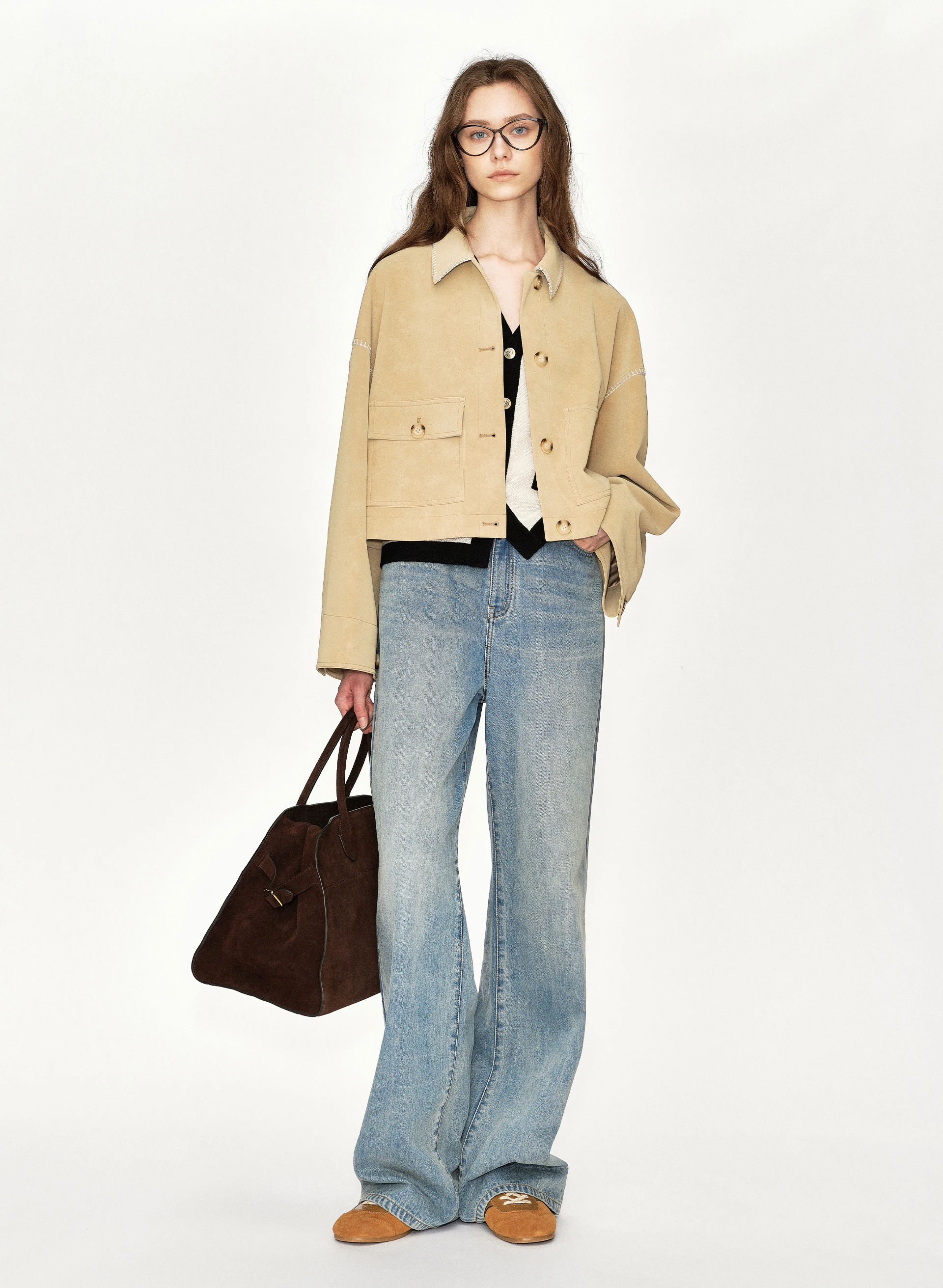 Cropped Faux Suede Jacket in Khaki
