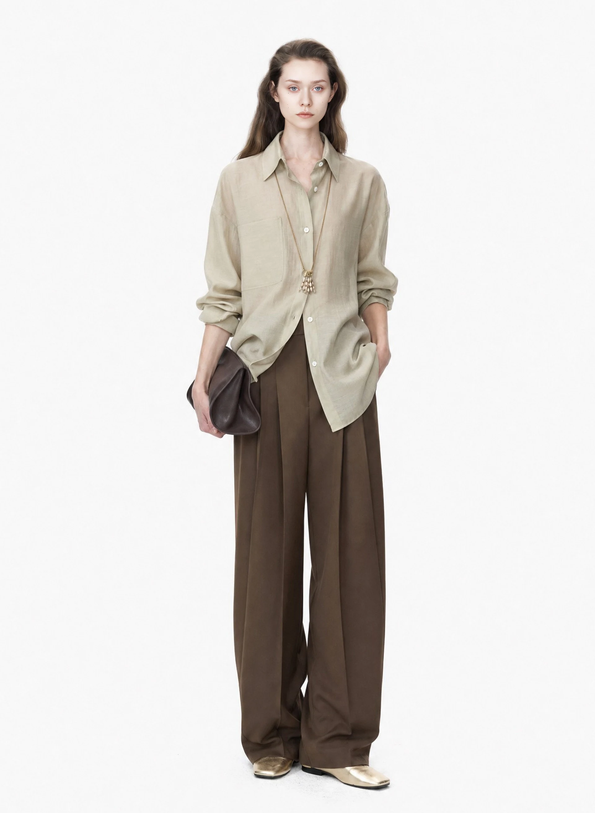 Pleated Textured Tailored Trouser in Acorn Brown-Green