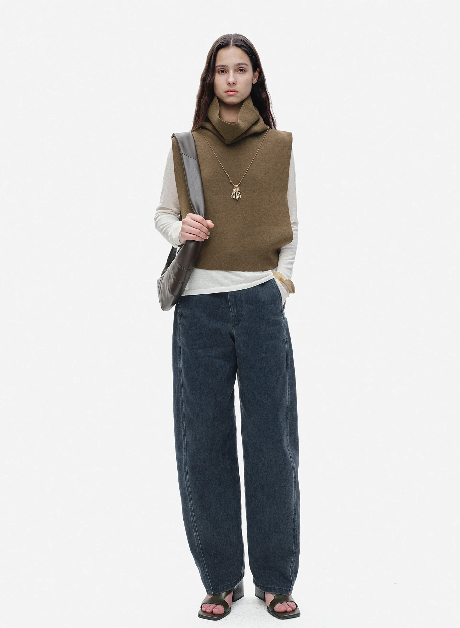 Machine-washable 100% Wool High-Neck Sweater Vest in Tobacco Green